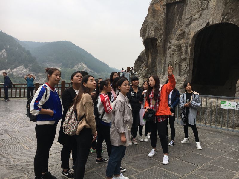 参加实习的学生认真听杨颖讲解龙门石窟
